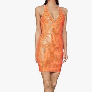 New! BCBGMAXAZRIA Gemma Womens Textured Sweater Bodycon Dress XS papaya combo